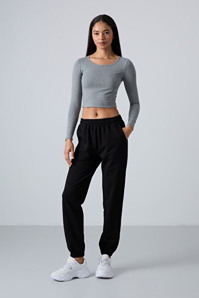 TOMMY LIFE Μαύρες τσέπες ψηλόμεσο άνετο γυναικείο πάτο φόρμας από καουτσούκ - 94583