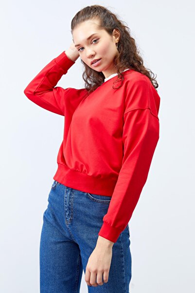 TOMMY LIFE Red Basic Comfortable Form O Neck Women's Sweatshirt - 97114