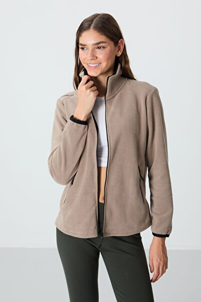 TOMMY LIFE Dark Beige Stand Collar Zip Comfortable Form Women's Fleece Sweats...