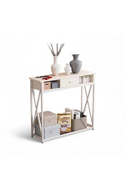 Luxury Home Entry Console Table with Cabinet, 100×30×90 cm, White, with Charging Base