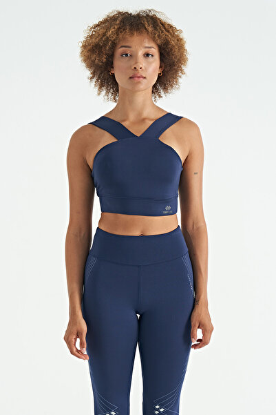 TOMMY LIFE İndigo Logo Baskılı Dar Kalıp Dalgıç Kumaş Kadın Büstiyer - 97259