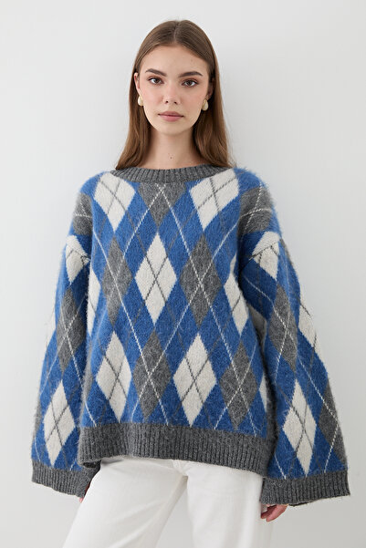 JASTE سترة تريكو منقوشة باللون الأزرق قصة فضفاضة للسيدات