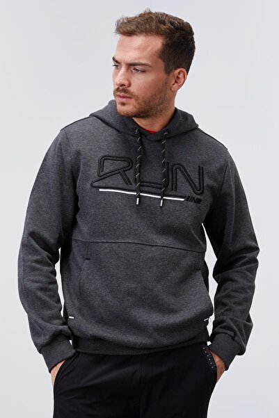 TOMMY LIFE Ανδρικό φούτερ Anthracite Melange με κουκούλα - Κεντημένο με κείμενο, Standard Fit - 87887