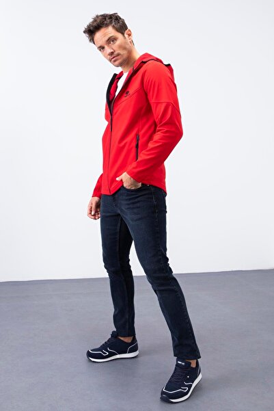 TOMMY LIFE Κόκκινο ανδρικό παλτό με κουκούλα με φερμουάρ και αντιανεμικό Softshell - 88051