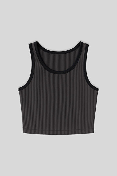 TOMMY LIFE Anthracite Basic Zero Sleeve Skinny Fit U Collar Women's Crop Top ...