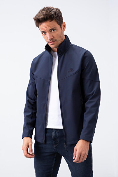 TOMMY LIFE Navy Blue Zippered Stand Collar Water and Windproof Softshell Men's Coat - 88050