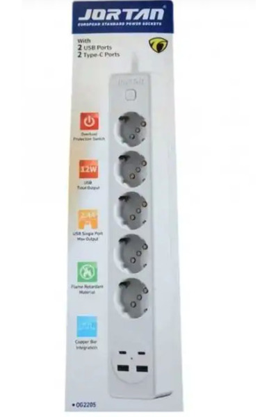 HASSAN JORTAN OG2204 extension cord with 4 sockets, 2 USB ports and 2 Type C, 2 meters