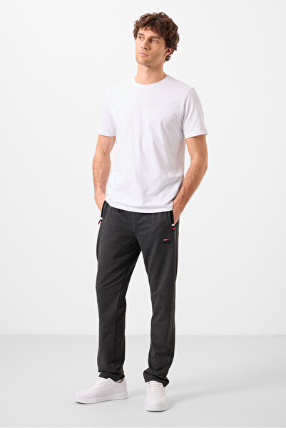 TOMMY LIFE Anthracite Melange - Black Zipper Pocketed Tight Mold Classic Leg Men's Tracksuit Bottom - 84649