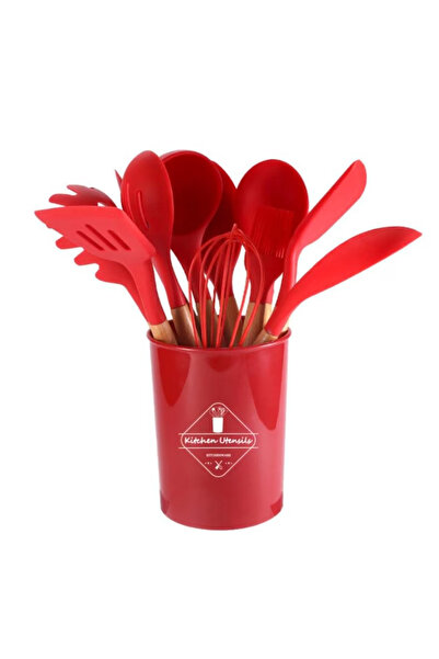 OEM Set of 12 kitchen utensils Wood/Silicone Red
