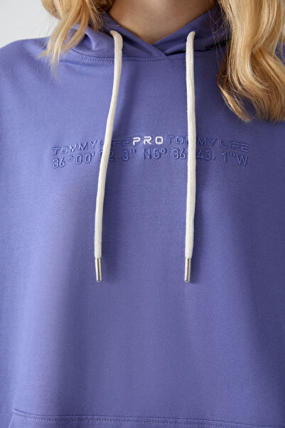 TOMMY LIFE Γυναικεία αθλητική φόρμα λιλά με κουκούλα Kangaroo Pocket Oversize Rubber Leg - 95288