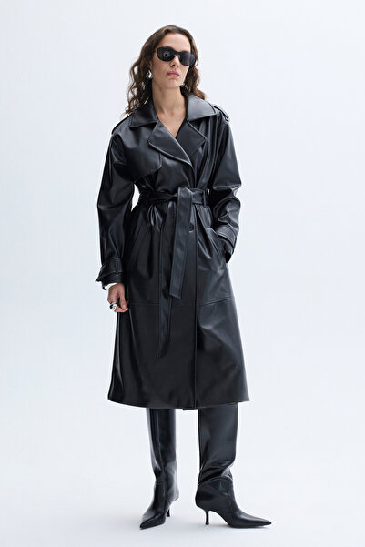 Mudo Leather Look Belted Midi Trench Coat