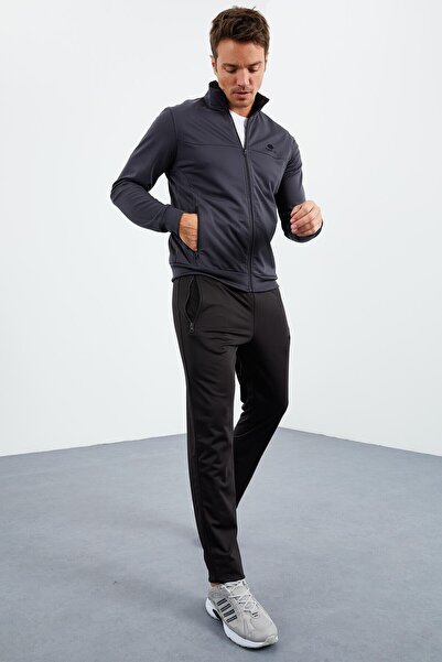 TOMMY LIFE Αντρική αθλητική φόρμα Anthracite Black Stand Up με φερμουάρ Classic Leg 85162