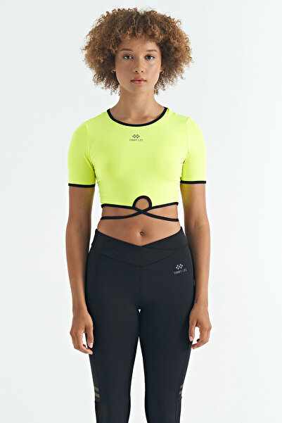 TOMMY LIFE Neon Yellow Waist Tie Detailed O Neck Standard Fit Diving Fabric Women's Crop T-Shirt - 97266