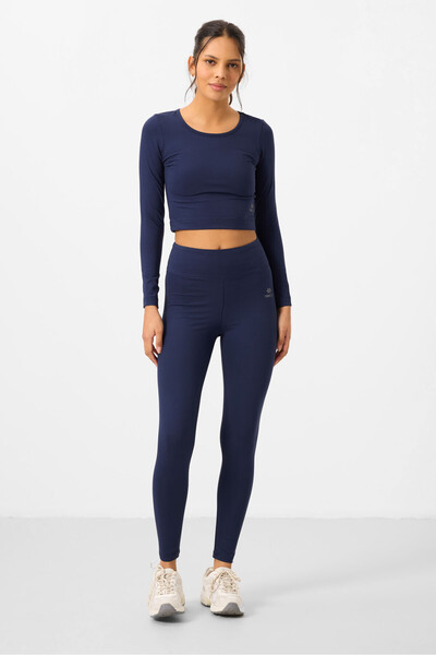 TOMMY LIFE İndigo Yüksek Bel Uzun Kollu Slim Fit Crop Top Kadın Tayt Takım - 95286