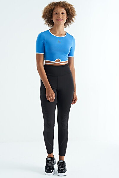 TOMMY LIFE Saks Waist Tie Detailed O Neck Standard Mold Diving Fabric Women's Crop T-Shirt - 97266