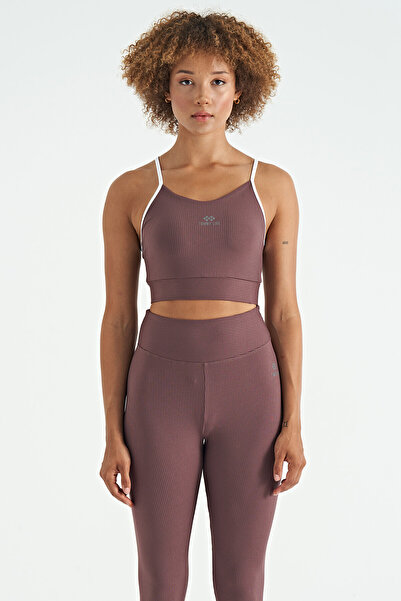 TOMMY LIFE Kahverengi Sırt Çapraz Detaylı Logo Baskılı Dar Kalıp Fitilli Kadı...