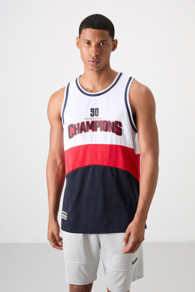 TOMMY LIFE Navy Blue Breathable Textured Slim Flexible Standard Fit Men's Basketball Singlet - 88395