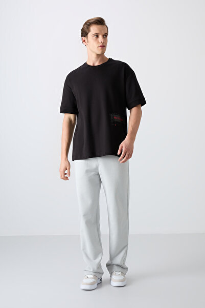 TOMMY LIFE Μαύρο βαμβακερό ανδρικό μπλουζάκι με χοντρή μαλακή υφή Oversize Fit Printed - 88322