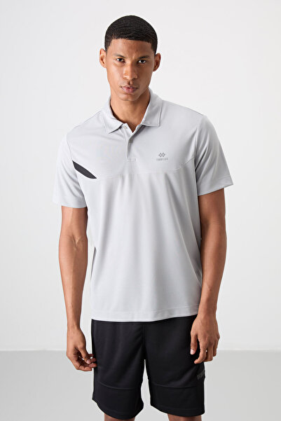 TOMMY LIFE Γκρι αναπνεύσιμο ανδρικό μπλουζάκι με λεπτή ελαστική τυπική εφαρμογή Polo Collar - 88402