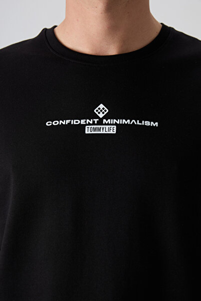 TOMMY LIFE Μαύρο - Λευκό Βαμβακερό Ανδρικό Μπλουζάκι με Χοντρή Μαλακή Υφή Oversize Fit Printed - 88321