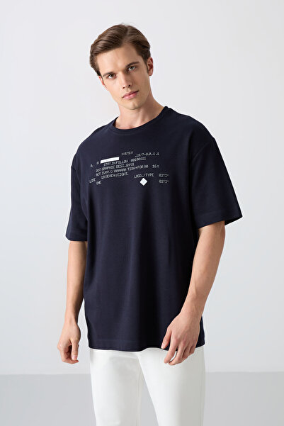 TOMMY LIFE Navy Blue Cotton Thick Soft Textured Oversize Fit Printed Men's T-...