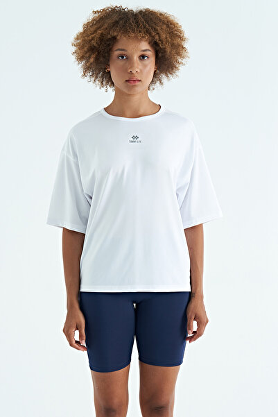 TOMMY LIFE White O-Neck Print Detailed Oversize Short Sleeve Women's T-Shirt - 97263