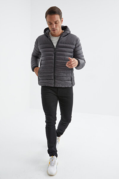 TOMMY LIFE Cold Resistant Anthracite Men's Puffer Jacket - Zippered, Standard Fit - 88167