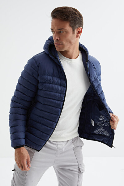 TOMMY LIFE Cold Resistant Navy Blue Men's Puffer Jacket - Zippered, Standard Fit - 88167