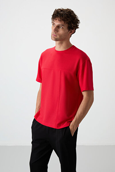 AIR JONES Red Waffle Interlock Surface Textured Oversize Fit Basic Men's T-Shirt - 88380