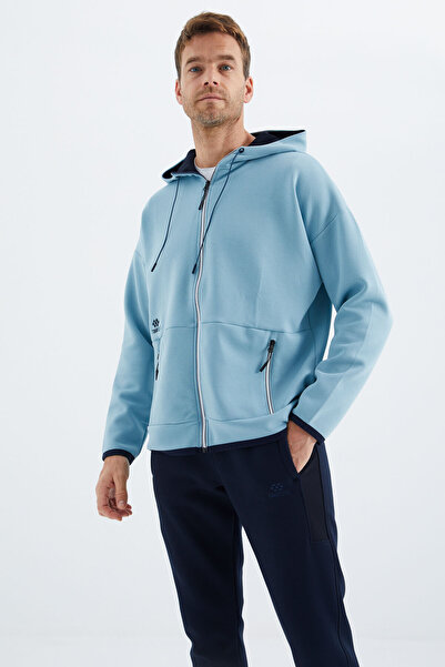 TOMMY LIFE Light Blue Hooded Men's Sweatshirt with Hidden Pocket Detail - 88288