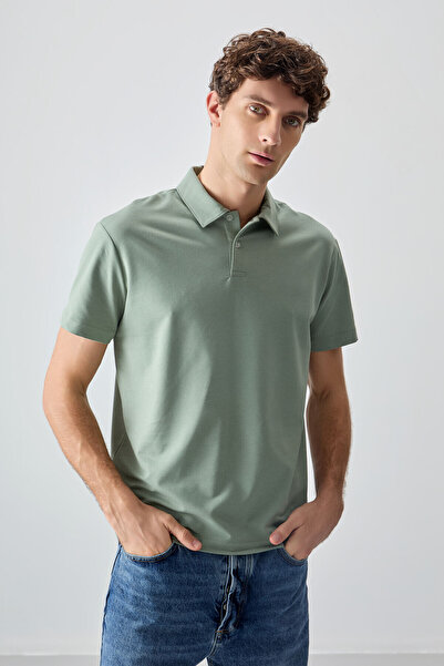 AIR JONES Tricou pentru bărbați, bumbac verde deschis, gros, texturat moale, guler polo oversize fit Basic - 88381