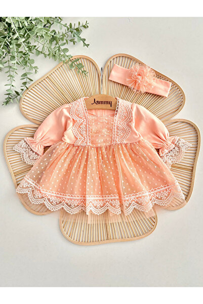 Jammybaby Carmen Elbise %100 Pamuk Penye Tül Dantelli Yenidoğan Kız Bebek Mevlüt ve Özel Gün Bandanalı Takım
