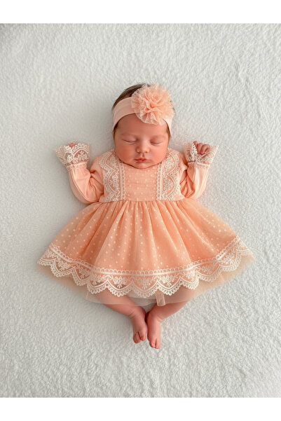 Jammybaby Carmen Elbise %100 Pamuk Penye Tül Dantelli Yenidoğan Kız Bebek Mevlüt ve Özel Gün Bandanalı Takım