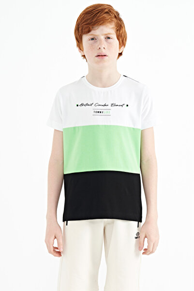TOMMY LIFE Μαύρο Color Block O Neck Print Λεπτομερές Standard Fit Αγόρια T-Sh...