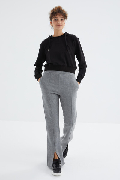 TOMMY LIFE رمادي ميلانج ارتفاع الخصر الشق الأمامي مفصلة جيب الجانب شكل مريح المرأة رياضية القاع - 94625