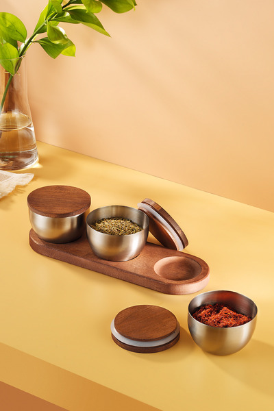 Steel & More Wooden Lid Steel Snack Bowl 7 Piece Leak Proof Storage Container 9cm