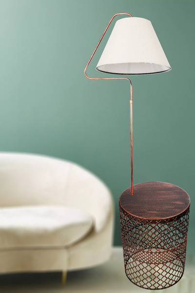 VENON Sehpalı Lambader Üçgen Siyah Bakır Patine⭐️ Krem Kumaş Şapka⭐️Metal Gövde⭐️ Salon Köşe Lambası