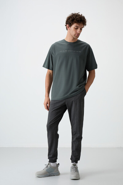 AIR JONES Khaki Cotton Thick Surface Textured Oversize Fit Printed Men's T-Shirt - 88371