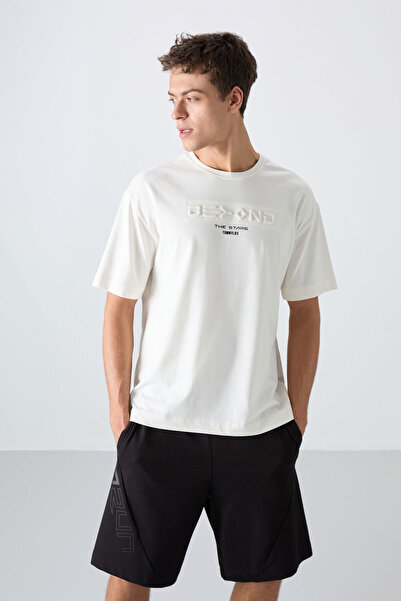 TOMMY LIFE Ecru Cotton Thick Soft Textured Oversize Fit Printed Men's T-Shirt - 88328
