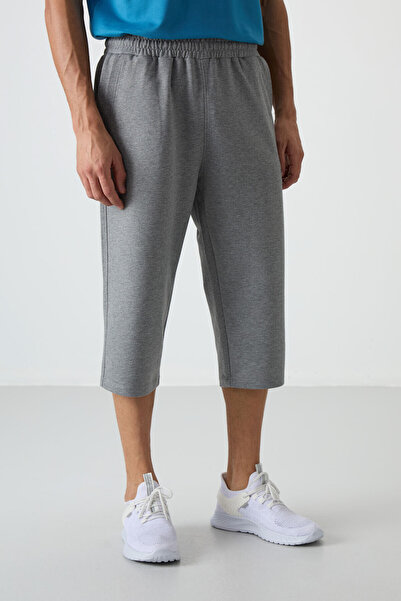 TOMMY LIFE Gri Melanj Pamuklu Yumuşak Dokulu Standart Fit Nakışlı Erkek Kapri - 83102