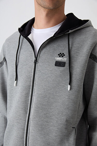 TOMMY LIFE Γκρι μελανζέ βαμβακερή χοντρή απαλή υφή Comfort Fit εμπριμέ ανδρική φόρμα - 85236