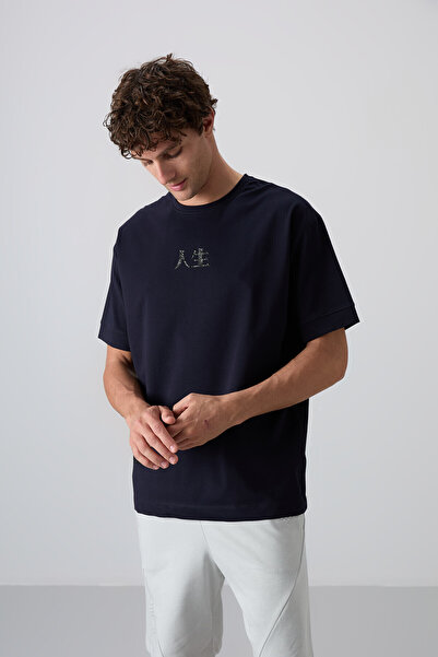 TOMMY LIFE Navy Blue Cotton Thick Soft Textured Oversize Fit Printed Men's T-...