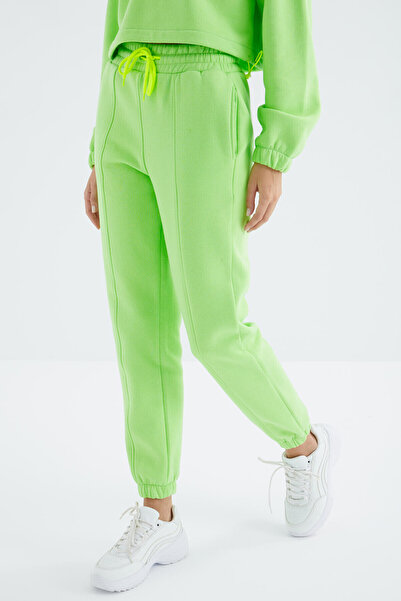 TOMMY LIFE Φιστικί πράσινο χαμηλού ώμου, κορδόνι στη μέση, φερμουάρ στο μισό μήκος, oversize γυναικεία αθλητική φόρμα - 95321