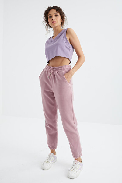 TOMMY LIFE Gül Kurusu Yüksel Bel Rahat Form Lastik Paça Cepli Kadın Eşofman Alt - 94622