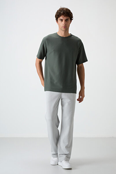 AIR JONES Khaki Waffle Interlock Surface Textured Oversize Fit Basic Men's T-Shirt - 88379