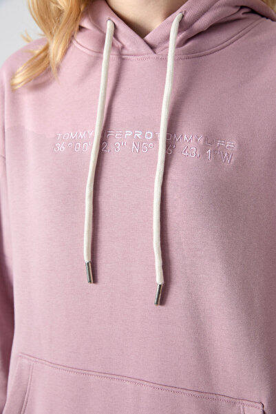 TOMMY LIFE Gül Kurusu Kapüşonlu Kanguru Cep Oversize Lastik Paça Kadın Eşofman Takımı - 95288