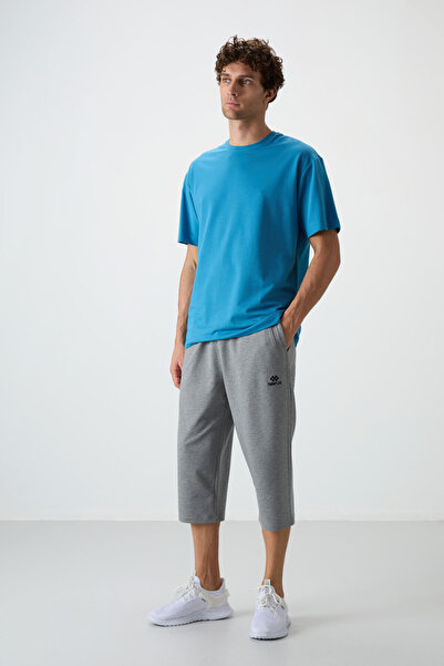 TOMMY LIFE Gri Melanj Pamuklu Yumuşak Dokulu Standart Fit Nakışlı Erkek Kapri - 83102