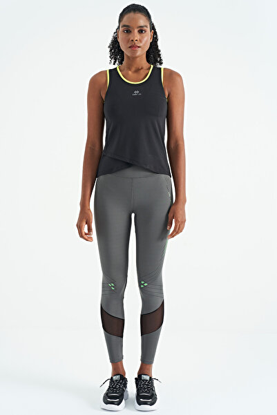 TOMMY LIFE Black Logo Printed Standard Fit Women's Sports Undershirt with Bias Stripes - 97255