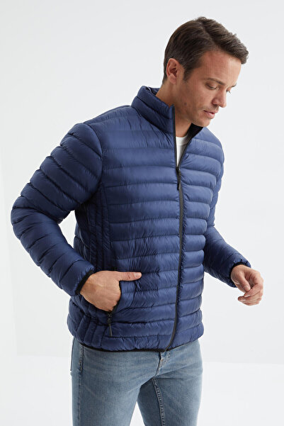 TOMMY LIFE Ανδρικό πουπουλένιο παλτό τύπου Navy Blue Standard με φερμουάρ, ανθεκτικό στο κρύο - 88166