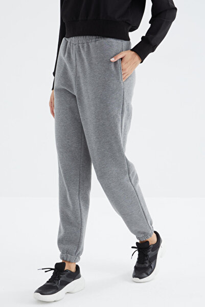 TOMMY LIFE Γκρι μελανζέ ψηλόμεσο βαμβακερό βασικό γυναικείο παντελόνι - 94624